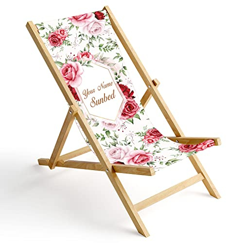 Ferocity Personalisierbarer Holz-Liegestuhl Klappbar Klappliegestuhl Sonnenliege Strandstuhl Wechselbezug Motiv Rote Rosen [119]