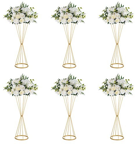 Nuptio Gold Vase für Hochzeit Tafelaufsätze: 68cm Hohe 6 Stück Trompete Vasen Künstliche Anordnung Blume Stand Metall Tisch Tafelaufsatz für Jubiläum Geburtstag Party Empfang Dekoration
