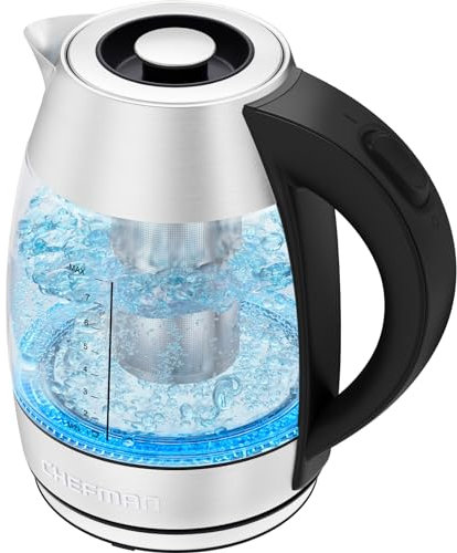 Chefman Elektrischer Wasserkocher Glas mit Teesieb, 1.8 Liter, LED-Anzeige, Abnehmbarer Deckel für Leichtes Reinigen, Abschaltautomatik und Austrocknungsschutz, BPA-Frei, 2200 Watt, Edelstahl