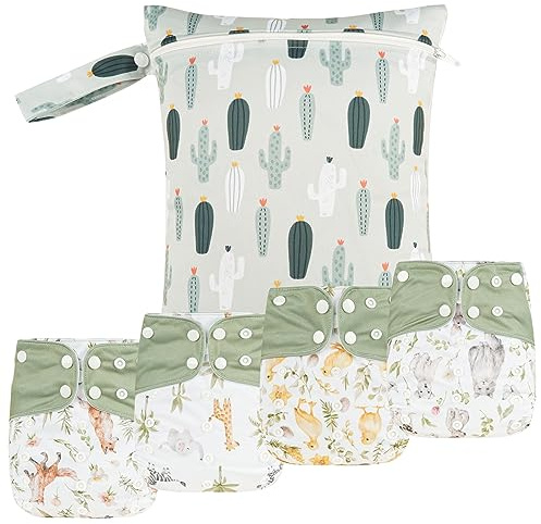 HappyFlute 9 Sets Newborn Baby Cloth Pocket Diapers Adjustable Reusable for Baby Boys and Girls(6-33 pounds,0-3 Years),One Wet Bag+4Diapers and 4Inserts (AD10)