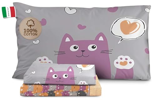 HomeLife Sängkläder Bäddset med ett fyrkantigt och halvt lakan i bomull, tillverkad i Italien | Komplett med en fyrkantig och halv bomull bestående av lakan, lakan med hörn, örngott |Happycats, Orange