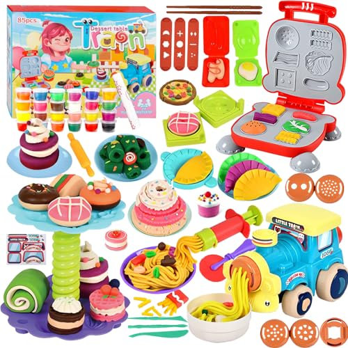 MQVXT Knete Set Knetwerkzeug für Kinder,85 Stück Knete Dough Set für Kinder,Kreatives Kinderknete Nudel Maschine Burger Eiscreme Küchensets mit 24 Dosen Knete,Kleine Geschenke für Kinder