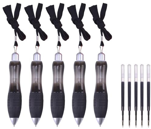 5 Stück Dicker Kugelschreiber, Druckkugelschreiber mit Schnur und Nachfüllungen, Schwarze Tinte Ergonomisch Kugelschreiber für Arthritis, Handzittern, Schwache Hand, Schwarz