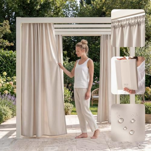 ROOM99 Utomhusgardiner med veckband Garden Line 155 x 220 cm bred x höjd utomhus gardin väderbeständigt vattentätt insynsskydd solskydd gardiner trädgård vindtätt ljusbeige