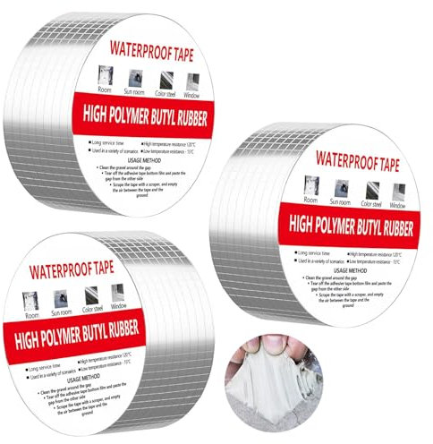 YAYODS 3 cintas de butilo impermeables – 10 cm x 5 m cinta adhesiva de butilo para reparación, cinta de sellado plateada resistente al agua – Cinta de teflón para fugas de techo, grietas