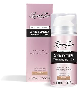 Loving Tan NEW 2 Hr Express Self Tanning Body Lotion, Medium - Hydrating Natural-Looking Glow Sunless Self Tanner, Streak-Free, Dermatologist Tested, Lightweight, Vegan and Cruelty-Free - 3.3 fl oz