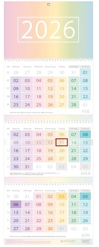 Häfft® 3-Monatskalender 2026 Wandkalender mit Schieber, Ferien DE & AT, Jahresübersicht, Bürokalender Wandplaner Rainbow - nachhaltig & klimafreundlich