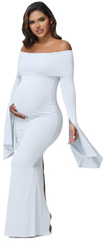JustVH Vestido de maternidad de manga larga para mujer, con hombros descubiertos, para fotografía de embarazo, baby shower, sesión de fotos, Blanco, Large