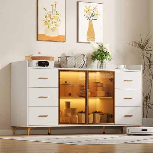 ModernLuxe Sideboard mit 6 Schubladen und Glastüren, Fernbedienbare LED-Beleuchtung, Goldene Metallgriffe, 160 × 44 × 87 cm, Weiß – Ideal für Küche, Wohnzimmer und Schlafzimmer