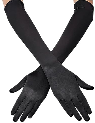 FENGCHUANG 2 Paar Lange Handschuhe 55cm Handschuhe Elegant Damen 1920s Satin Classic Abendhandschuhe für Damen für Classic Oper Maskerade Cosplay-Kostüme Halloween(Schwarz)