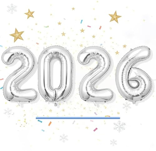 4 Pcs 2026 Number Silver Balloon(32 Inch) New Years Eve Decorations,Happy Year Balloons,Inflatable for Christmas Decoration,Graduation,Birthday,Anniversary Party Decor,Foil Inflated,for Year,Classroom