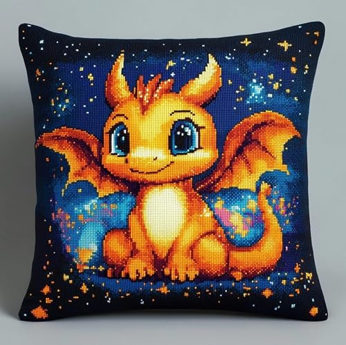 Kreuzstichkissen Set, Cartoon-Drache Kissenbezug Zum Sticken Kreuzstich 45X45cm Stickkissen mit Muster Stickset Kreuzstich Kissen zum Basteln Stickkissen Stickpackung