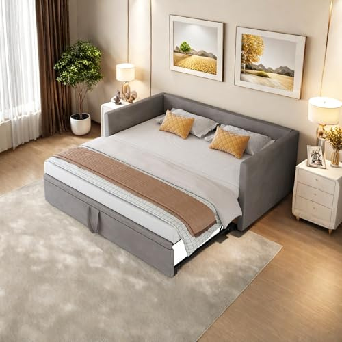 NSXSBUZ Schlafcouch Schlafsofa 90/180x200 cm,Tagesbett Ausziehbar,Schlafcouch Ausziehbar mit Lattenrost,Schlafsofa 200cm Breit,Samt,ohne Matratze (Grau, 90/180x200cm)
