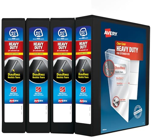 Avery Heavy Duty View 3 Ring Binder, 1.5One Touch Slant Ring, Holds 8.5 x 11 Paper, 4 Black Binders (79870)