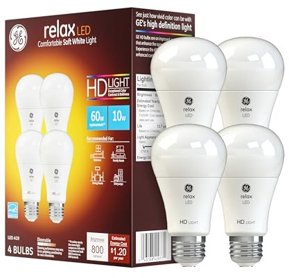 GE Relax LED Light Bulbs, 60 Watt, Soft White, A19 (4 Pack)