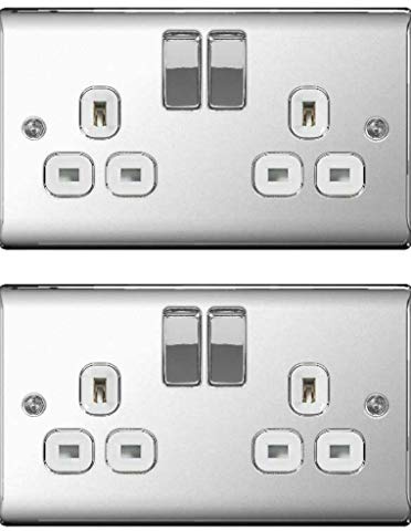 British General Pack of 2 x BG Nexus NPC22W Polished/Mirror Chrome Twin Switch Sockets - 13amp