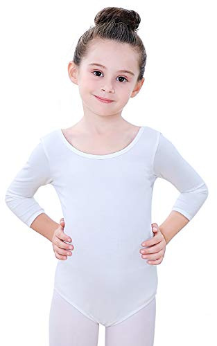 Soudittur Body Danza Bambina Balletto Body Leotards Costumi Cotone 3/4 Maniche Lunghe (Bianco, Tag 130(Height: 125-135 cm))