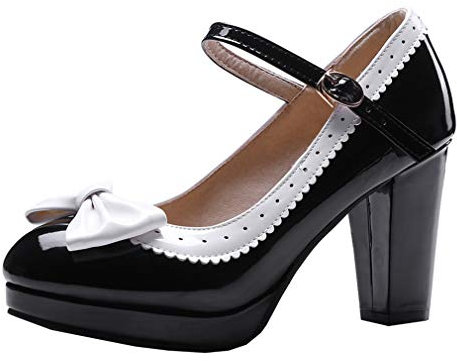 LOVOUO Vintage Escarpins Rockabilly Femme Mary Jane Plateforme Talon Carré Bloc Haut Vernis Bride Cheville avec Noeud Boucle Chaussure Sweet 8CM(Noir,37)