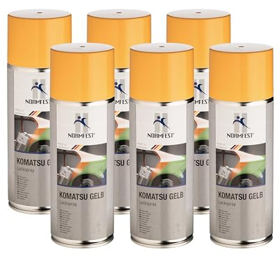 Normfest Lackspray Komatsu Gelb – Seidenglänzender Nitro-Kombinationslack für Metall, Kunststoff und Holz, witterungsbeständig und schnelltrocknend – 6x 400ml