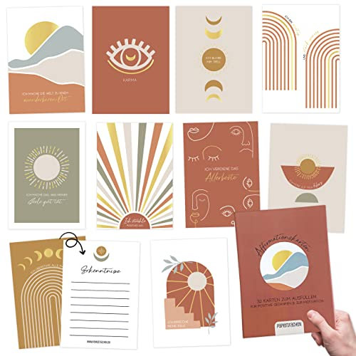 Papierdrachen 32 Affirmationskarten mit positiven Statements - Achtsamkeitskarten mit Geschenkbox | Motivationskarten - Stress bewältigen mit Selbstliebekarten - Geschenkidee - Boho - Set 3