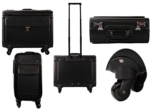 MF Handbag Large Four Wheeled Laptop Pilot Case in Grained Faux Leather Rolling Briefcase Business Bag on Wheels, Black