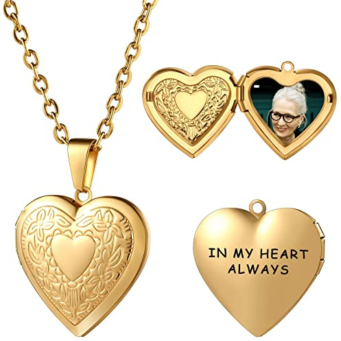MeMeDIY Collar con Medallón de Corazón Que Contiene Imágenes, Collar Personalizado con Imagen de Corazón para Mujer, Acero Inoxidable, Tipo Patrón Dorado Cadena de 55 cm