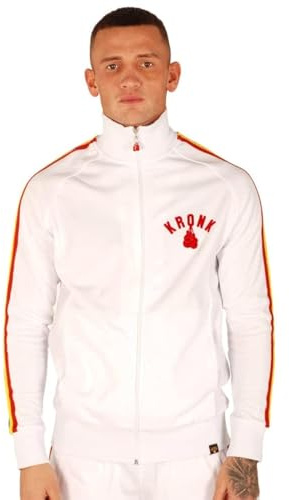 Kronk Camiseta deportiva con cremallera completa y logotipo de guantes de color dorado, Manga a rayas blancas, S