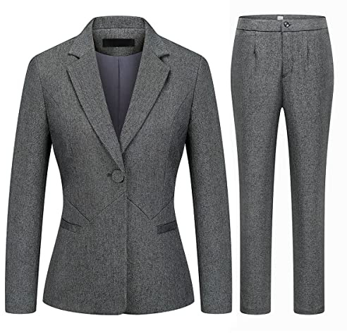 MODFUL Women's 2 Piece Business Suit Pant Set Slim Fit One Button Blazer Jacket Lady Work Suit for Office (Grey,Large)