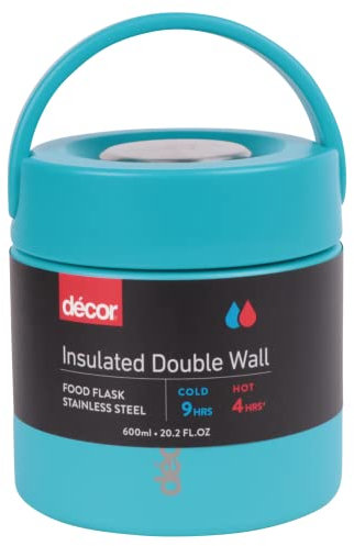 Décor Vacuum Insulated Food Flask 2-in-1 Hot & Cold Stainless Steel Food Container, 600 ml Thermal Food Thermos with Leak-Resistant Carry Handle, Wide Mouth, for Work Travel & Camping - Turquoise
