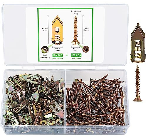 Vis à expansion auto-taraudeuses, Lot de 200 goujons auto-taraudeurs avec vis, Fixations murales pour plaques de plâtre pour TV, vélos, étagères et armoires