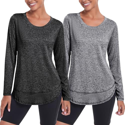 Deaviya Womens Long Sleeve Sports Tops UK, Sport Yoga T-Shirt Workout Running Tops, Crew Neck Quick Dry Golf Activewear Ladies Gym Sports Top, XXL,Black+Grey
