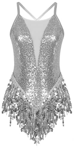 Miaeowve Women's Sequins Fringe Dance Dress Sparkly Flapper Tassel Dresses Ballroom Salsa Samba Tango Latin Dance Costume Silver S