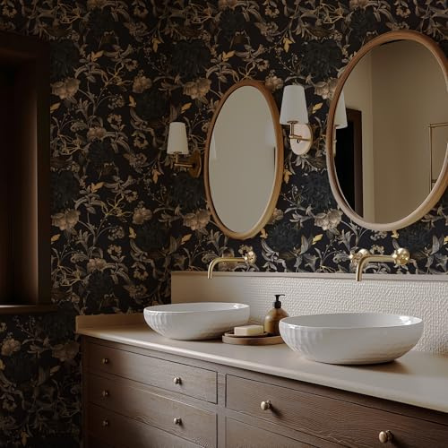 RollsRolla Gothic Black and Gold Self Adhesive Wallpaper - Dark Moody Floral Peel and Stick Wallpaper - Black/Gold/Gray Bathroom, Bedroom, Living Room, Accent Wall