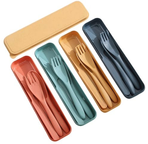4 Pcs Camping Cutlery Set Portable Travel Cutlery Set Reusable PP Plastic Spoon Knife and Fork Set with Case for Work Home Students School Travel Lunch Picnic Daily Use (4 Colors)