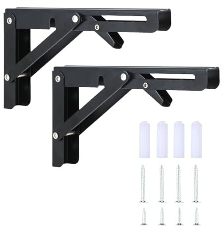 2 escuadras abatibles, soporte estanteria pared, escuadras para estanterias, Soporte plegable para estante, adecuado para el hogar, almacén, cocina, oficina, mesa, pared (negro, 20×10.8 cm)
