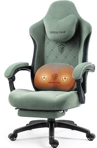 Dowinx Gaming Stuhl Stoff mit Beheizter Massage Lendenwirbelstütze, Gamer Stuhl mit Tasche Frühling Kissen und Fußstütze, Roß und Hoch Gamer 150 kg Belastbarkeit (Grün)