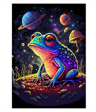 Psychedelic Space Frog Space Poster, Colourful Abstract Astronomy Wall Art Home Decor, Astronaut Planets Print, Archival Matte, A2 (Print Only) - 59.4x42cm