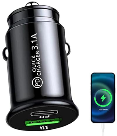 Caricatore per auto USB-C Adattatore di ricarica rapida 5 V/3,1 A, Caricabatteria da auto compatto A+C PD a doppia porta, adattatore per accendisigari