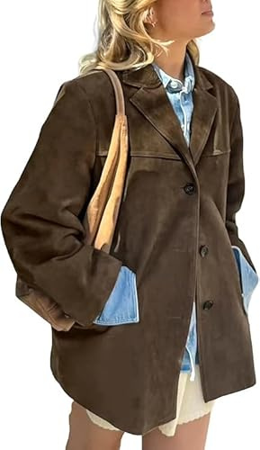 A&M Express Blazer en daim marron foncé – Manteau ample élégant avec poches pour femme, marron foncé, M