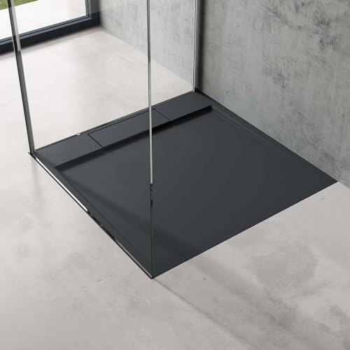 doporro Duschtasse Duschwanne 100x100x4 flach Mineralguss in Anthrazit DIN-Anschlüsse für bodenebene Montage geeignet Geoma04