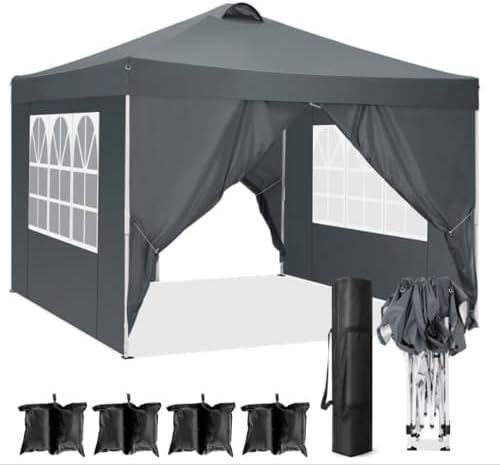 Bonnlo Pop-up Pavillon, Faltpavillon 3x3m, Höhenverstellbar, Wasserdicht Partyzelt mit 4 Seitenteilen, Gartenpavillon für Outdoor Hochzeit Garten Camping Party, Grau (Grau mit Sandsäcken)
