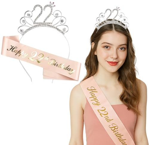 22 Ans Couronne Anniversaire Écharpe, 22 Ans Anniversaire Ceinture et Diadème pour Femme, Decoration Anniversaire 22 Ans, Femme Anniversaire Diadème Couronne, Cadeau Anniversaire Femme 22 Ans