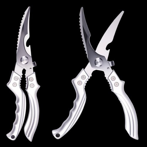 Ciseaux à volaille en acier inoxydable - Ciseaux à viande modernes - Ciseaux de cuisine - Ciseaux à poisson - Poignées en métal - Ciseaux à os avec décapsuleur - Ciseaux de cuisine - Grattage des