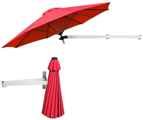 KOMFOTTEU Sombrilla de Pared Ajustable Ø250 cm, Parasol Plegable con Protección Solar para Exterior, Sombrilla Terreza Exterior Inclinable Colgante, Paraguas para Jardín, Balcón, Patio (Rojo)