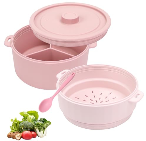 BestYiJo Doppio Cuocivapore per Microonde, Contenitore per Microonde lavabile in lavastoviglie per Cuocere al Vapore, Servire e Conservare gli Alimenti, Risparmio Energetico e Cottura Rapida, Rosa