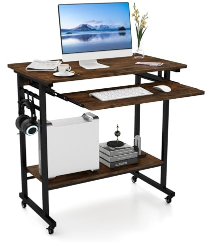 FANTASK Escritorio portátil para Ahorrar Espacio, Mesa de Ordenador con Bandeja para Teclado y Ganchos, Mesa Industrial para Ordenador portátil, para Estudio, Oficina, 80 x 50 x 78 cm (marrón+Negro)