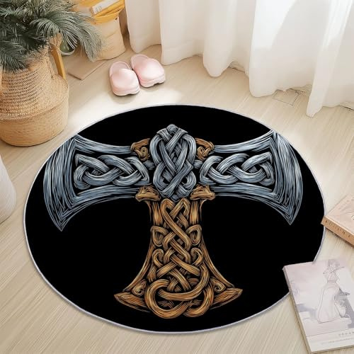 Round Rug 3ft Area Rug Black Floor Mat Circle Rugs, Fantasy Vikings Battle Axe Round Carpet Washable Non-Slip Soft Low Pile for Living Room Bedroom Nursery Farmhouse
