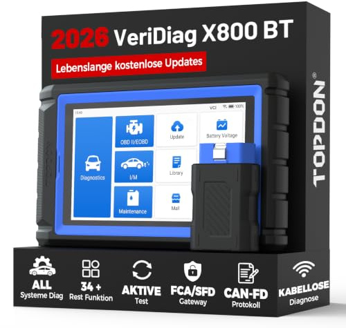 TOPDON X800 BT OBD2 Diagnosegerät Auto für alle Fahrzeuge, Kfz-Codeleser mit 34 Servicefunktionen, Active-Test, FCA/SFD/CAN-FD-Unterstützung, Lebenslange kostenlose Upgrades, Schwarz-Blau