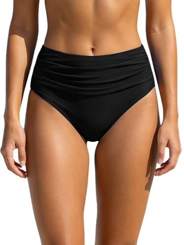 Charmo Womens Bikini Bottoms High Waist Ruched Swimsuit Briefs Black-a S