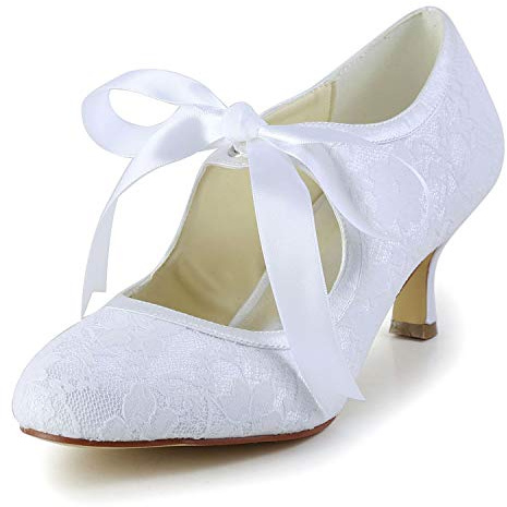 JIAJIA 140311 Women's Bridal Shoes Closed Toe Stiletto Heel Lace Satin Pumps Ribbon Tie Wedding Shoes Color White,Size 7.5 B(M) US/38 EU